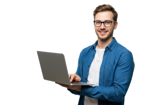 Young caucasian man, late 20s, in blue overshirt and glasses, smiling confidently while holding a laptop, isolated on a bright white studio background with copy space, concept of digital connectivity