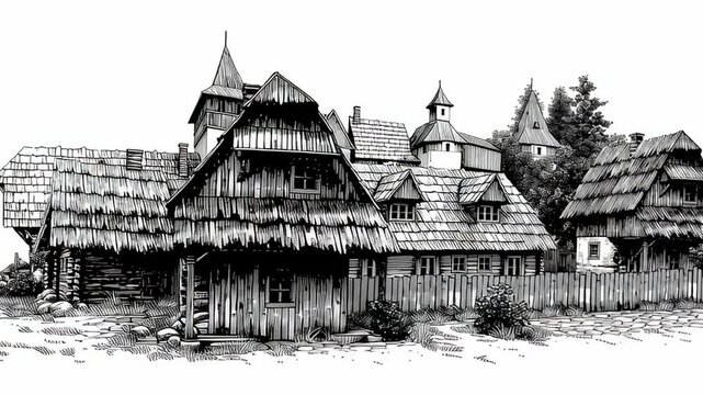 A vintage pen and ink drawing of an old, traditional village. The detailed sketch shows wooden houses with thatched roofs and rustic textures in a rural landscape.