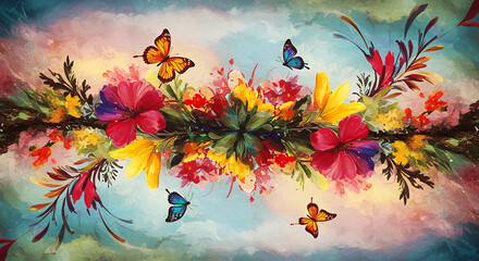 Vibrant Floral Watercolor with Butterflies and Reflection