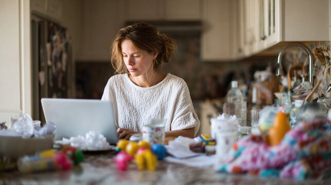 Woman working on laptop amidst a cluttered kitchen table. Represents multitasking, worklife balance, remote work challenges, and modern motherhood, conveying authenticity.