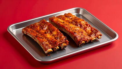Two portions of savory, spiced ribs sit on a gleaming metal baking pan against a vibrant red backdrop.
