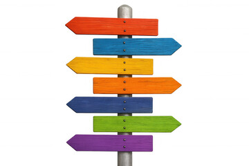 Colorful wooden directional signs pointing multiple ways, positioned against transparent backdrop, providing graphic design and marketing communication options