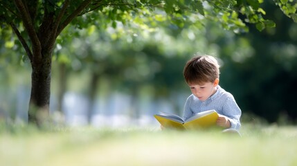 A young boy sitting under a tree reads a bright yellow book. The soft sunlight filters through the leaves, creating a peaceful and inviting atmosphere for learning and exploring. 