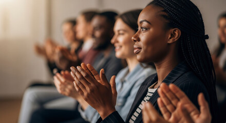 Professional multiethnic business people applauding at a successful conference or seminar, celebrating an achievement in a dynamic team environment