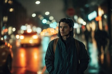 Fototapeta premium Urban cinematic video portrait of young man walking in rainy city street with colorful reflections