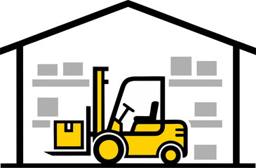 Flat Vector Illustration of Yellow Forklift Inside Warehouse with Cargo Boxes – Logistics, Storage, and Supply Chain Concept