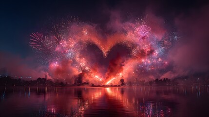 Fototapeta premium Spectacular nighttime landscape of a massive, glowing red heart shape formed by digital lights and drones, with a finale of colorful fireworks over a serene, reflecting lake.
