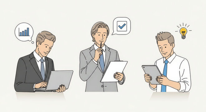 Thoughtful professional businessmen using various digital devices to analyze data and develop new ideas in a corporate environment