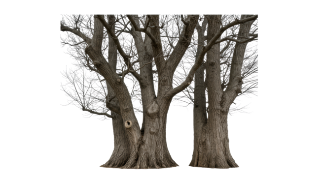 Two mature deciduous trees with textured trunks and bare branches, standing side-by-side on a transparent studio background with copy space, soft lighting, concept of enduring strength and growth