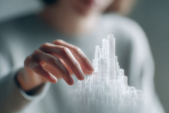 A woman examines a futuristic, holographic city model, symbolizing urban planning, innovation, and architectural design. Ideal for real estate, technology, and development concepts.