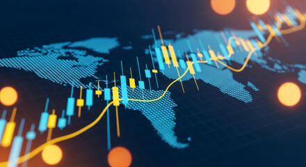 Digital candlestick chart with a rising graph and dotted world map, representing global financial growth and international stock market trends