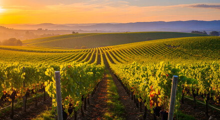 Fototapeta premium A serene and picturesque landscape of a vineyard at sunset, with rolling hills of grapevines and golden light shining through the leaves