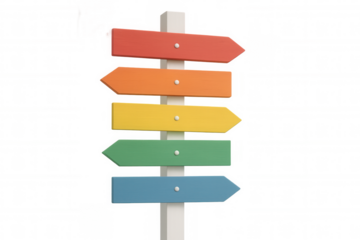 Colorful wooden signpost with five blank directional arrows in 3d rendering, pointing outward on transparent background, representing multiple pathways or options