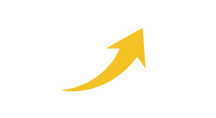 Dynamic yellow arrow rising upwards representing growth, success, and progress on white background