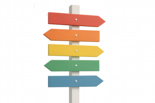 Colorful wooden signpost with five blank directional arrows in 3d rendering, pointing outward on transparent background, representing multiple pathways or options