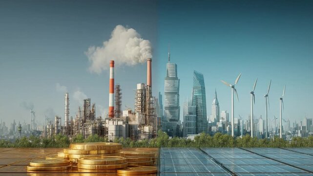 Ecosystem Transition: A split-screen showcasing a stark contrast between an industrialized landscape and a futuristic eco-friendly cityscape.