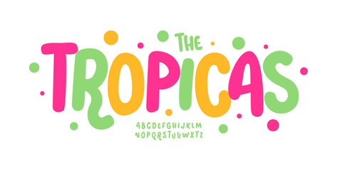 Obraz na płótnie Canvas Colorful funny alphabet, playful joyful font for kids logo, birthday headline, cheerful typography, funky typographic design. Bold rounded bouncy letters for summertime designs. Vector typeset.
