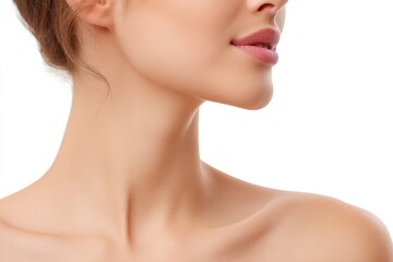 A close-up of a woman's lower face, chin, neck, and shoulder with smooth skin and natural makeup on a white background