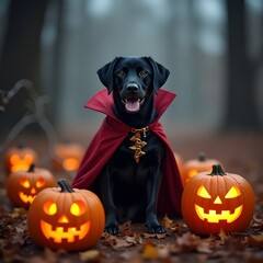 Black labrador dog dressed as a vampire for halloween