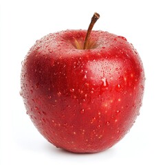 A single, vibrant red apple, glistening with water droplets, is centered against a plain white background (2)