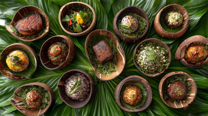Traditional Samoan cuisine beautifully presented in wooden bowls on banana leaves served during Teuila Festival showcasing cultural food heritage of Samoa