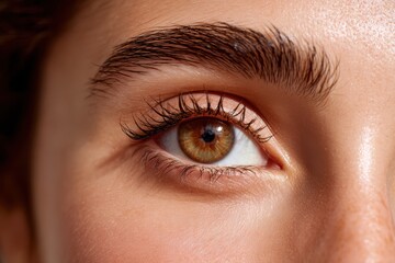 Obraz premium A close-up of a human eye with brown iris, long eyelashes, and well-groomed eyebrow, highlighting skin texture and natural beauty