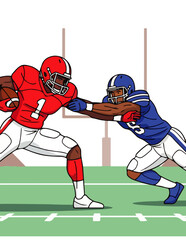 An exciting moment in an American football game, showcasing a determined ball carrier in red breaking away from a defender in blue on a vibrant green field