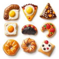 Colorful miniature food shapes arranged in a grid, resembling breakfast and snacks