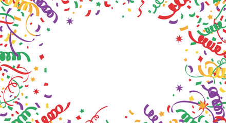 Festive confetti and streamers frame on white background for celebrations.