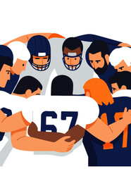 A focused huddle of American football players, united in strategic discussion and team spirit, preparing for the challenge ahead with collective determination