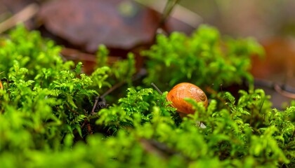 A small, light brownish-orange snail rests amidst a vibrant patch of green moss, showcasing close-up details and a soft focus effect.