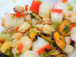 [Spain] Close-up of seafood marinade with mussels and shrimp (Barcelona)