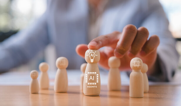 AI technology in business concept, Customer Relationship Management, Executive's select Human Resource Businessman with wooden people ai working together or Hr choosing people with ai knowledge