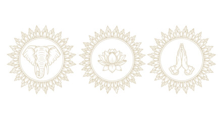 Three spiritual symbols: elephant, lotus, and praying hands in mandala style.
