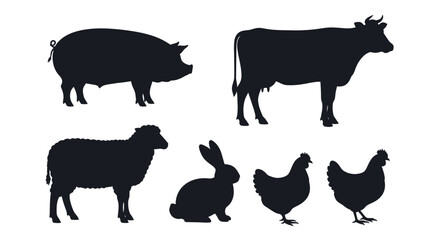 Silhouettes of farm animals: pig, cow, sheep, rabbit, and chickens.
