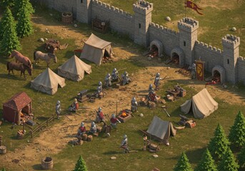 Medieval army camp with soldiers, tents, horses, and weapons near a stone castle, in a historical setting