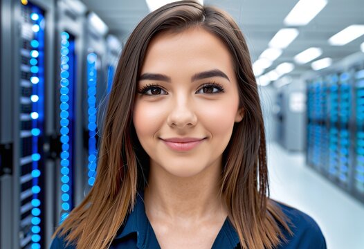 Portrait of a young female cybersecurity staff smiling against a blurred server room