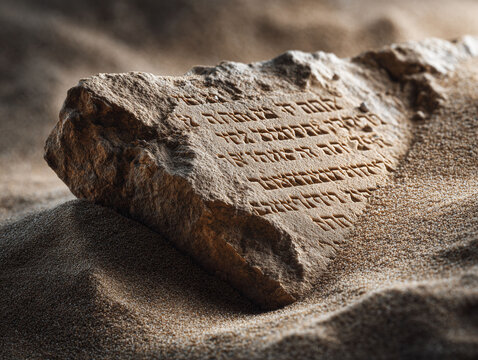 Ancient stone tablet with carved inscriptions resting in sand. Evokes history, knowledge, discovery. Ideal for themes of archaeology, past civilizations, or religion. - Powered by Adobe