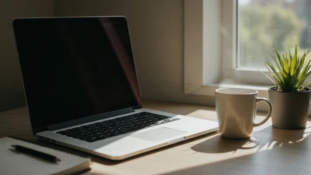 Laptop, coffee, and plant on a wooden desk by window with natural light - Powered by Adobe