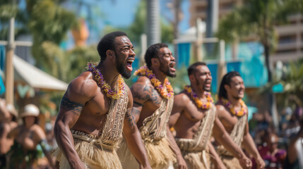 Fototapeta premium Teuila Festival Traditional Polynesian Men’s Dance Performance in Samoa, Warriors Wearing Grass Skirts and Flower Garlands Showcasing Island Culture and Spirit