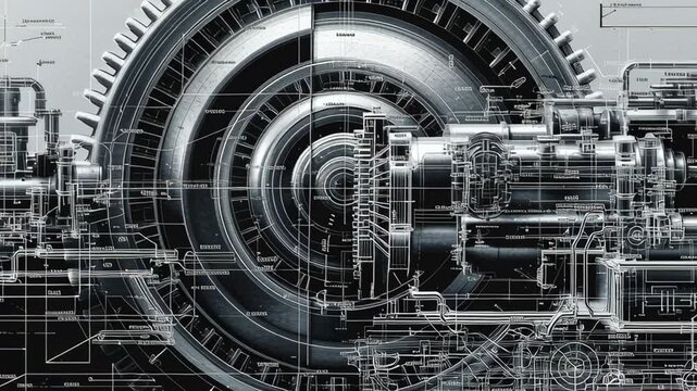 A complex mechanical engine is shown in a futuristic blueprint, revealing intricate turbine blades and many moving parts. The technical diagram details a powerful machine.