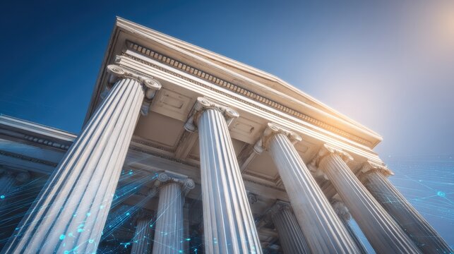 Majestic classical building with tall columns and sunlight shining from above, viewed from a low angle against a clear blue sky