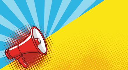 Spread your message with this vibrant pop art megaphone graphic on a dynamic blue and yellow backdrop © emiloo