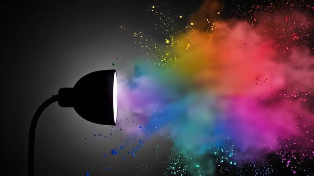 A black lamp emitting a vibrant explosion of colorful powder representing a burst of creativity
