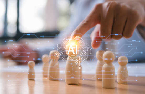 AI technology in business concept, Customer Relationship Management, Executive's select Human Resource Businessman with wooden people ai working together or Hr choosing people with ai knowledge - Powered by Adobe