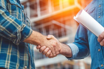 Two people in plaid shirts shake hands at a construction site, one holding building plans, symbolizing agreement and partnership