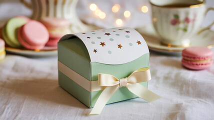 Charming mint green gift box with a ribbon, set for a festive tea party with delicious macarons