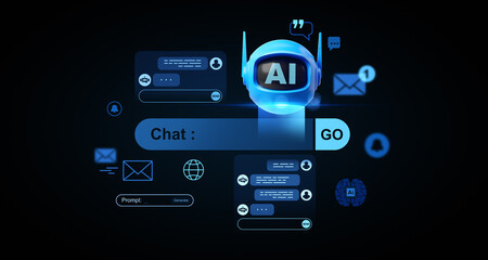 Futuristic chatbot interface with AI robot head, digital messages, and chat icons on dark background representing artificial intelligence communication. 3D Rendering