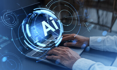 Futuristic AI interface concept with human hands typing on laptop surrounded by digital holographic elements and data graphics on virtual screen.