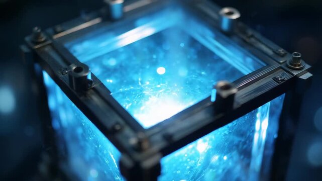 A blue cube with a blue light inside. Closeup of a glowing pathogen particle trapped inside a transparent locked box, biosecurity sci-tech dramatic lighting, blue tones